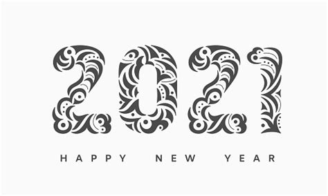 Happy 2021 New Year Greeting Card Openwork Hand Drawn Numbers Lettering