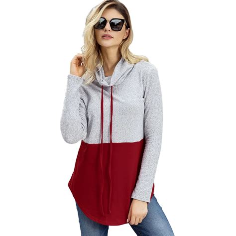 Fall Winter Casual Color Block Drawstring Hooded Tops Pullovers Women