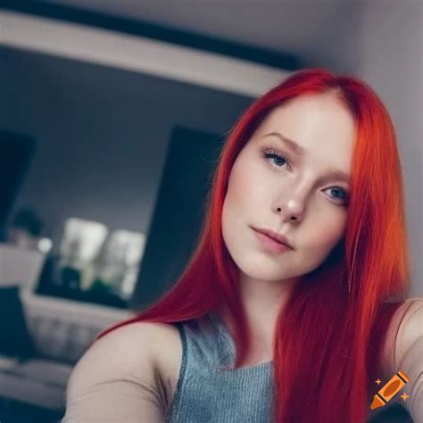 Scandinavian Model With Red Hair Taking A Selfie In A Living Room On