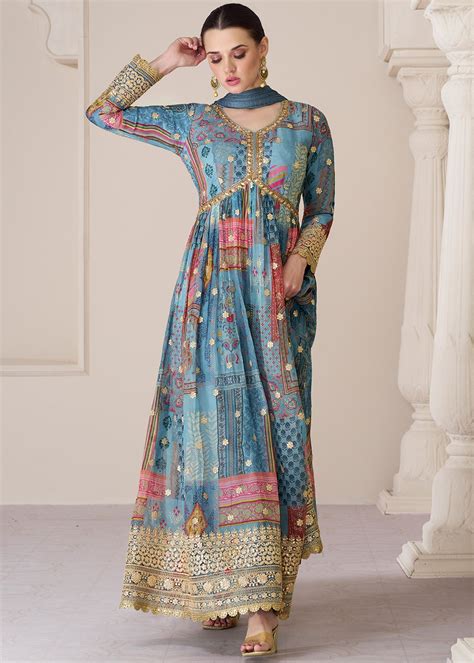 Readymade Blue Printed Organza Anarkali Suit And Dupatta Latest 4968sl01