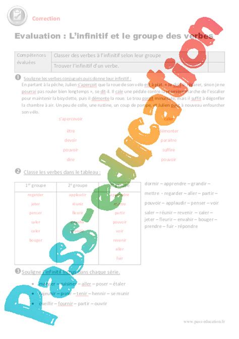 Infinitif Groupe Des Verbes Cm Evaluation Bilan Pass Education