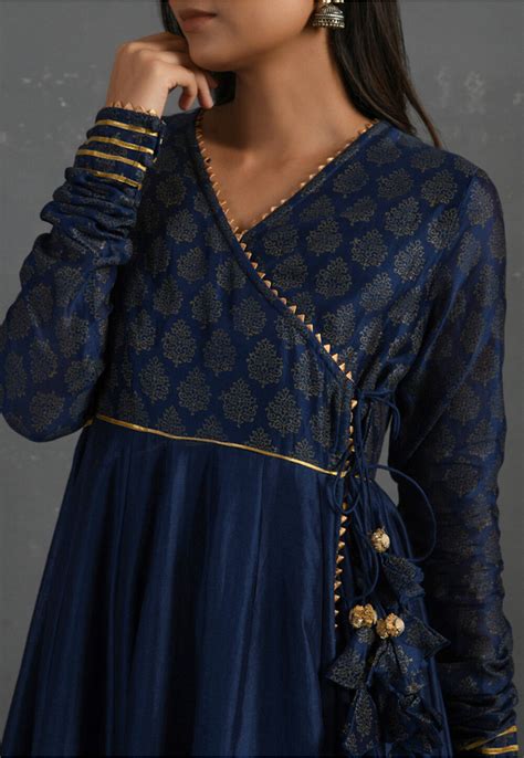 Buy Printed Pure Chanderi Silk Angrakha Anarkali Suit In Indigo Online