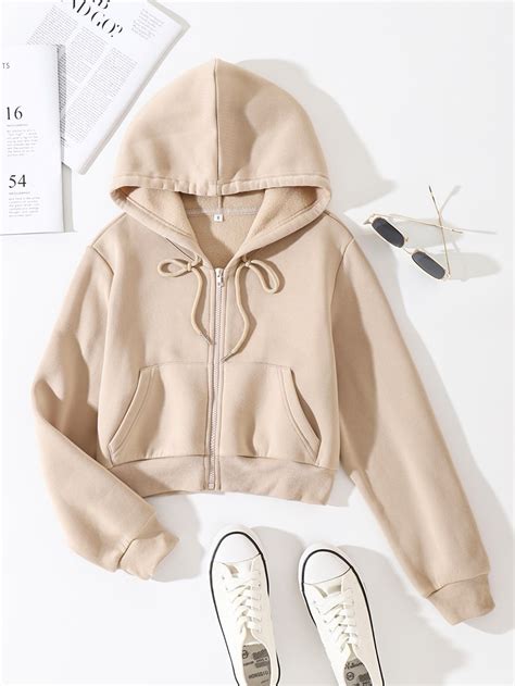 Solid Drawstring Zip Up Crop Thermal Hoodie Cropped Hoodie Cropped