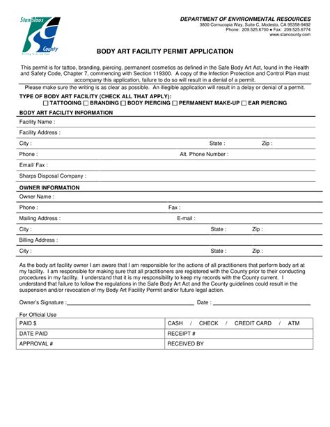 Stanislaus County California Body Art Facility Permit Application