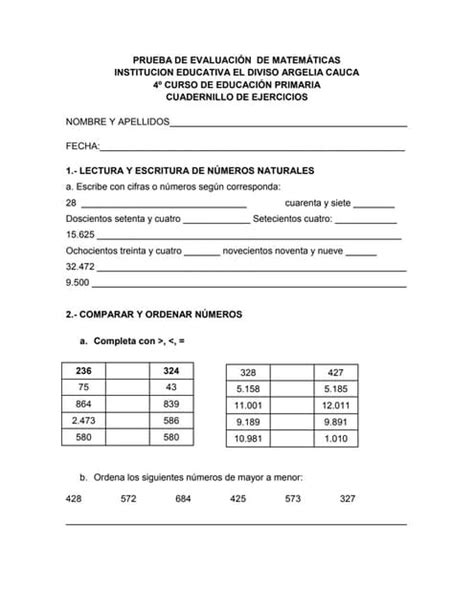 Prueba Diagnostico Matematica 5to