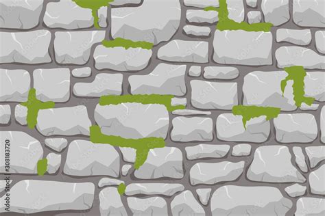 A wall of stone, a stone wall overgrown with moss. Masonry made of gray stone. Vector, cartoon ...