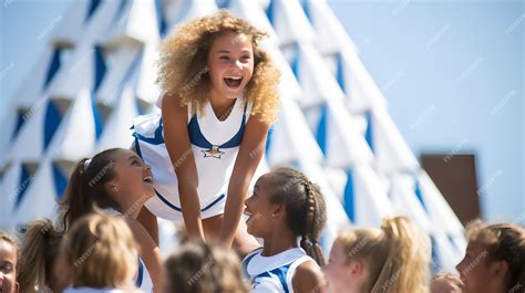 Premium AI Image | A group of cheerleaders performing a pyramid stunt