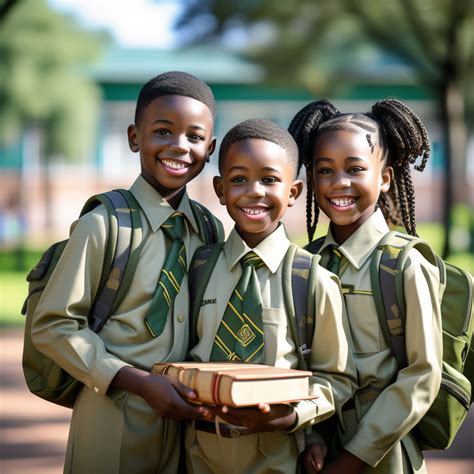 Three African schoolchildren clad in khaki uniforms stand sm... by Alexia - Playground