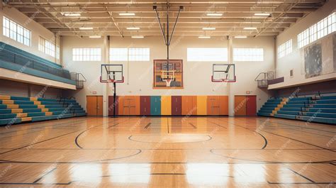 Premium Photo A School Gymnasium With Basketball Hoops And Bleachers