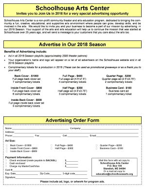 Fillable Online Advertising Order Form Schoolhouse Arts Center Fax