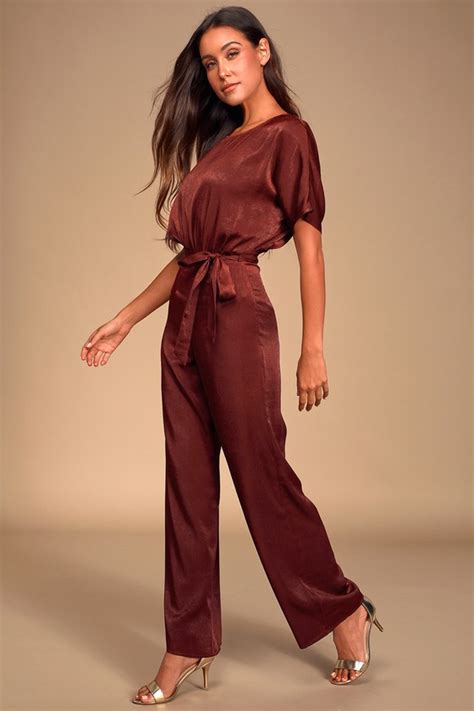 Chic Wine Red Jumpsuit Satin Jumpsuit Short Sleeve Jumpsuit Lulus