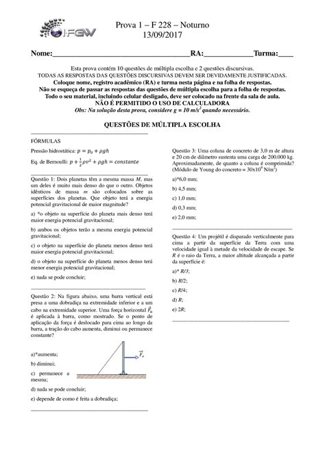 Prova 13 Setembro 2017 questões e respostas Prova 1 F 228