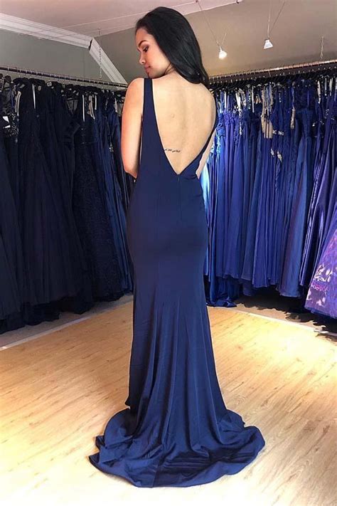 Mermaid Bateau Backless Sweep Train Navy Blue Prom Evening Dress Pgmdress