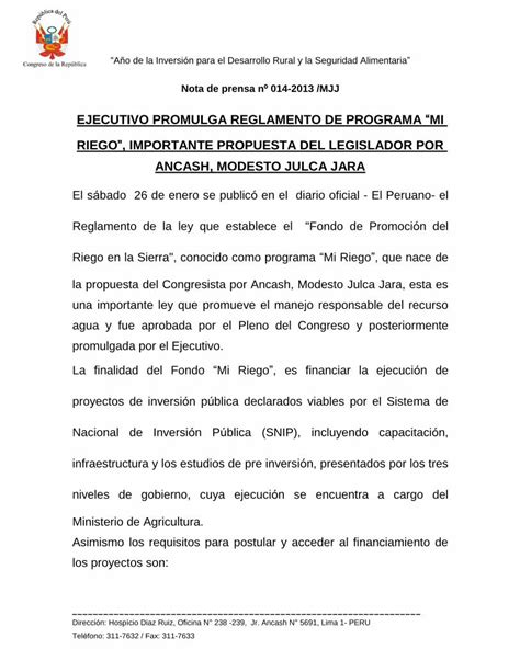 Pdf Ejecutivo Promulga Reglamento De Programa “mi Riego” Importante