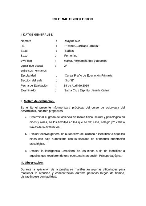 Ejemplo De Informe Psicologico Docsity