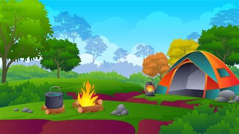 Premium Vector | Camping tent in the forest mountain, with beautiful ...