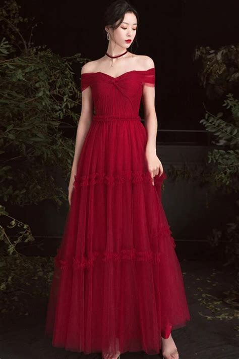 A Line Off Shoulder Burgundy Tulle Prom Dress