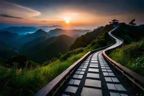 Premium AI Image | a winding road with a sunset in the background