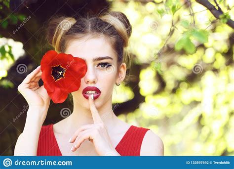 Woman With Red Poppy Seed Stock Photo Image Of Beauty 133597692