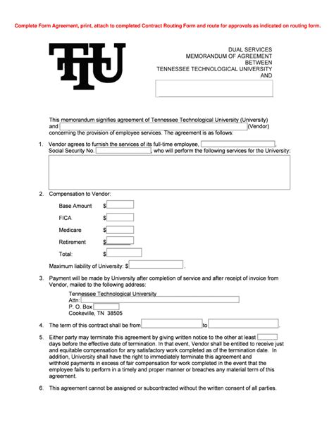 Fillable Online Tntech Complete Form Agreement Print Attach To