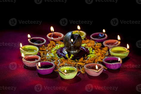 Clay Diya Lamps Lit During Diwali Celebration Greetings Card Design