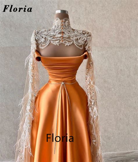 Floria Luxury High Neck Beads Prom Dresses Satin A Line Formal Crystals