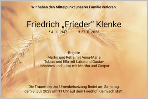 Traueranzeigen Von Friedrich Klenke Trauer Hna De