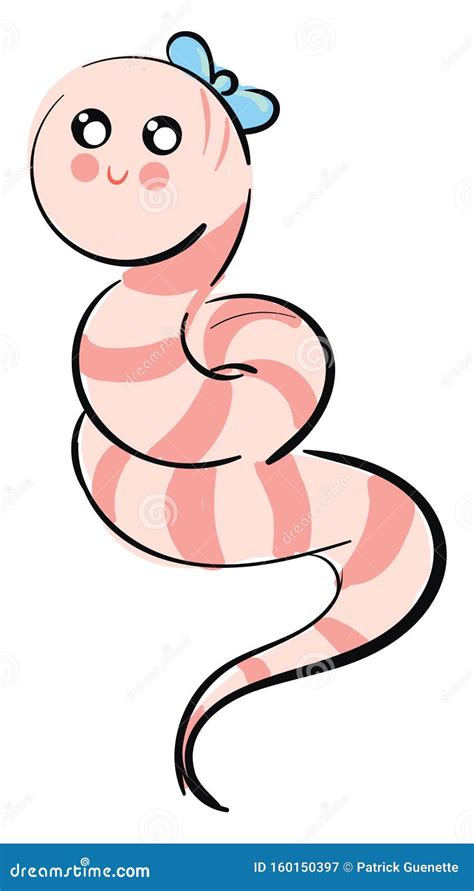 Vector Illustration Of A Cute Smiling Pink Worm With A Blue Hair Bow