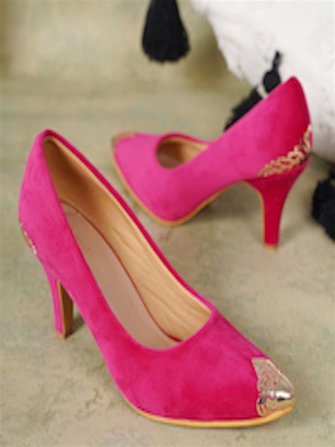 Buy DressBerry Pink Gold Toned Embellished Pointed Toe Kitten Pumps