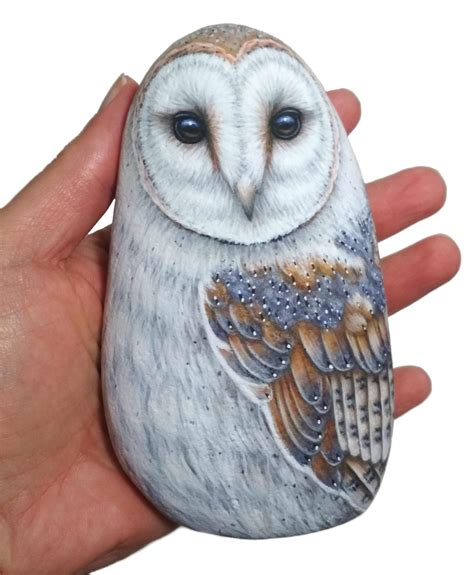 Hand Painted Rock Detailed Barn Owl Unique Handmade Owl Rock Art Owl