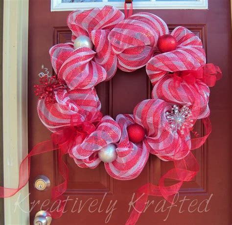 Red And White Striped Deco Mesh Christmas Wreath Pretty Wreath Deco