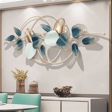 Modern D Blue Gold Metal Leaves Wall Art Decor For Living Room