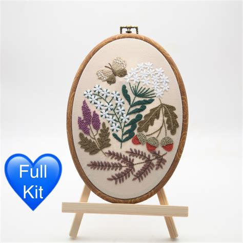 Beginner Embroidery Kit With Vintage Oval Hoop Ferns Butterfly