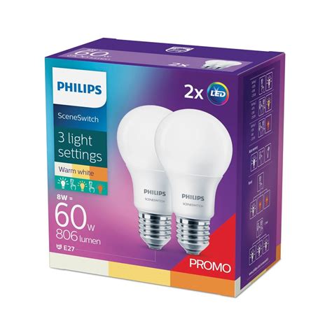 Philips LED pære SceneSwitch 8W 60W 822 827 mat 2 pak E27 Billig