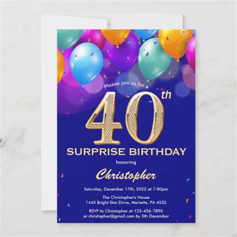 Surprise 40th Birthday Navy Blue And Gold Balloons Invitation Zazzle