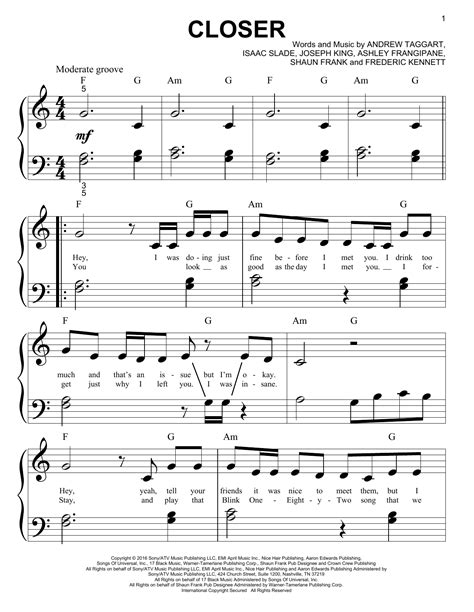 Closer By The Chainsmokers Feat Halsey Sheet Music For Big Note Piano