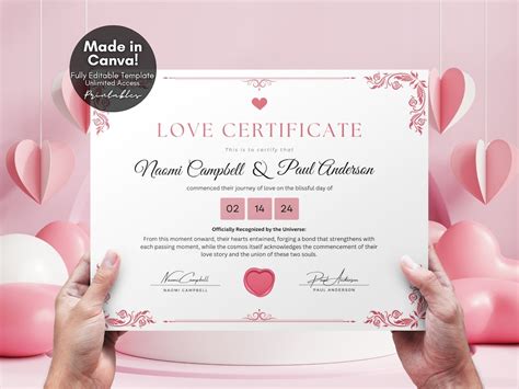 Editable Certificate Of Love Couple T Keepsake Personalized Valentines Day T Diy Love