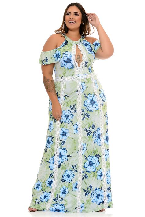 Vestido Plus Size Longo Ciganinha Estampado Verde Vk Moda Plus Size