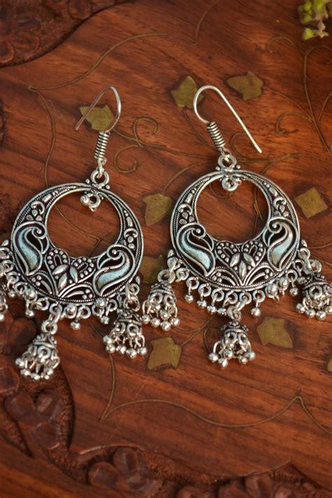 Oxidised Silver Handcrafted Jhumka Jhumki Navratri Earrings For Ethnic