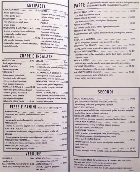 Menu at Tuscany restaurant, Oak Brook, 22nd St