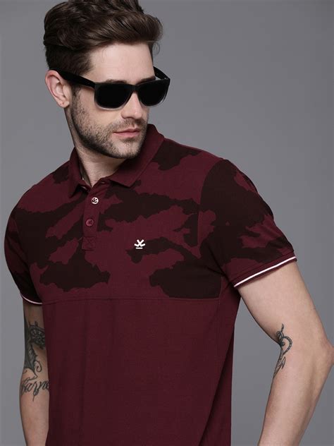 Buy Wrogn Men Maroon Camouflage Printed Polo Collar Cotton Slim Fit T