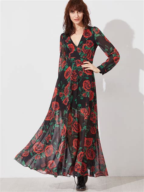 Black Rose Print Deep V Neck Long Sleeve Maxi Dress -SheIn(Sheinside)