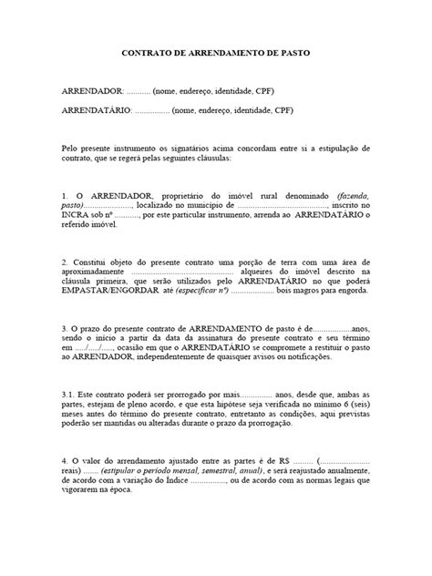 Contrato De Arrendamento Área Pastagem Pdf Leasing