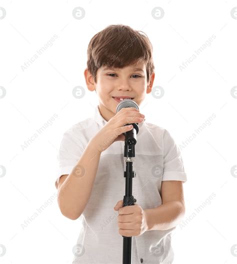 Cute Little Boy Singing Into Microphone On White Background Stock