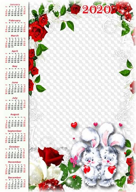 PSD PNG Romantic Calendar 2020 Red Roses Hearts And Two Bunnies