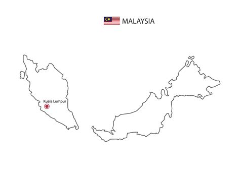 Hand Draw Thin Black Line Vector Of Malaysia Map With Capital City