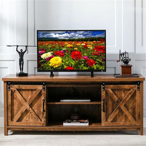 58 Farmhouse Sliding Barn Door Tv Stand Entertainment Center Cabinet In 2022 Barn Door Tv