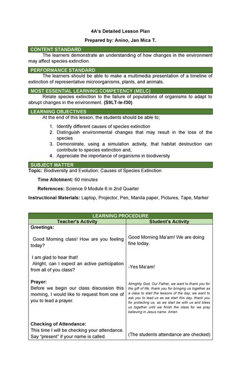 4as Lesson Plan Ttl2 4as Detailed Lesson Plan Prepared By Anino Jan Mica T Content