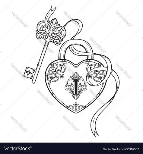 Key And Heart Shaped Padlock In Vintage Style Vector Image