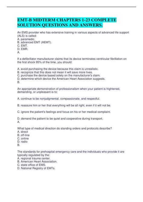 EMT B MIDTERM CHAPTERS 1 23 COMPLETE SOLUTION QUESTIONS AND ANSWERS